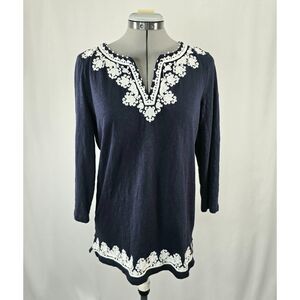 Womens Boho Talbots Split Neck Embroidered Tunic 3/4 Sleeve Cotton Size S